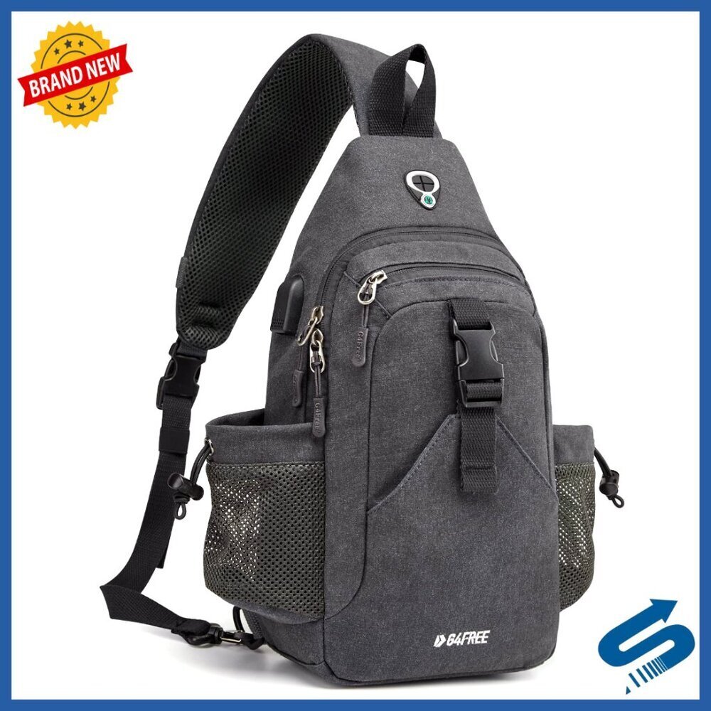 Canvas Sling Bag Crossbody Backpack USB Charging RFID Blocking Hiking Daypack